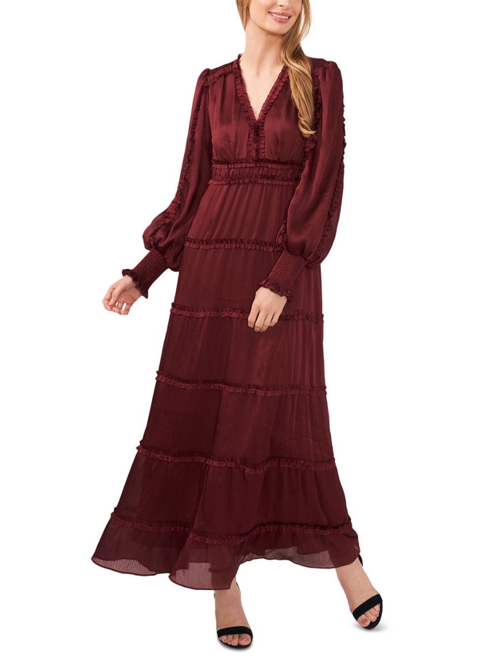 Women's Long Sleeve Plisse Ruffle Maxi Dress